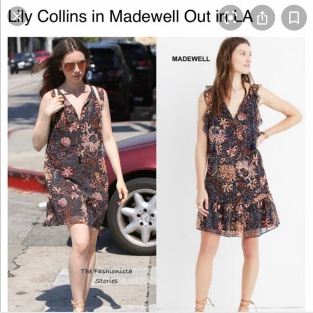 Madewell Navy & Brown V-neck Tassel Tie Flutter Sleeve Ruffle Hem Mini Dress XXS - Picture 2 of 16